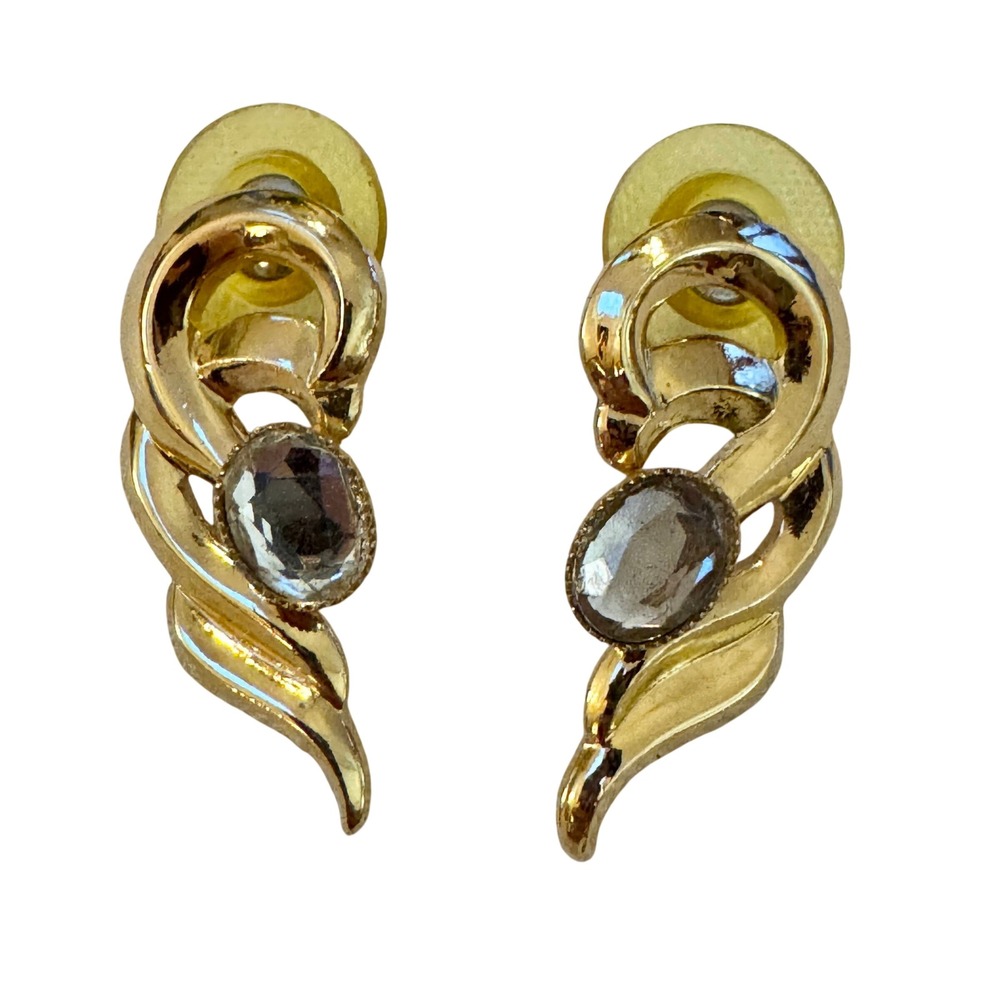 Vintage Gold Tone Swirl Rhinestone Post Earrings‎ Elegant Curved Drop Oval Stone